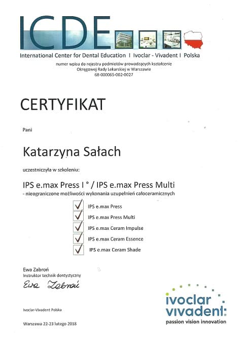 Certyfikat szkolenia IPS e.max Press i IPS e.max Press Multi wystawiony dla Katarzyny Sałach przez Ivoclar Vivadent
