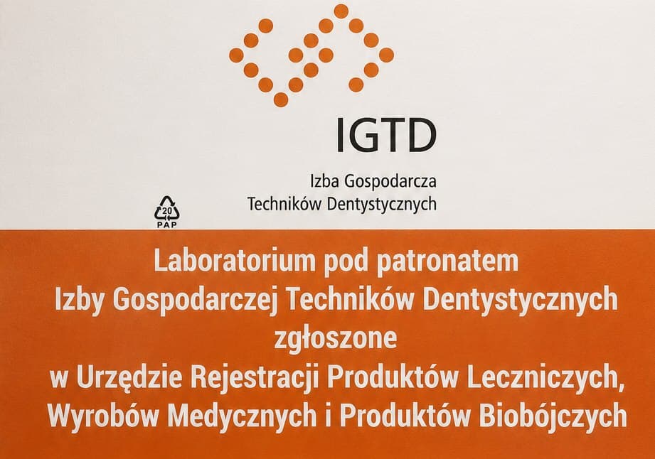 Dokument potwierdzający patronat Izby Gospodarczej Techników Dentystycznych nad laboratorium