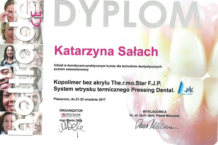 Dyplom zaawansowanego kursu systemu Pressing Dental wystawiony dla Katarzyny Sałach