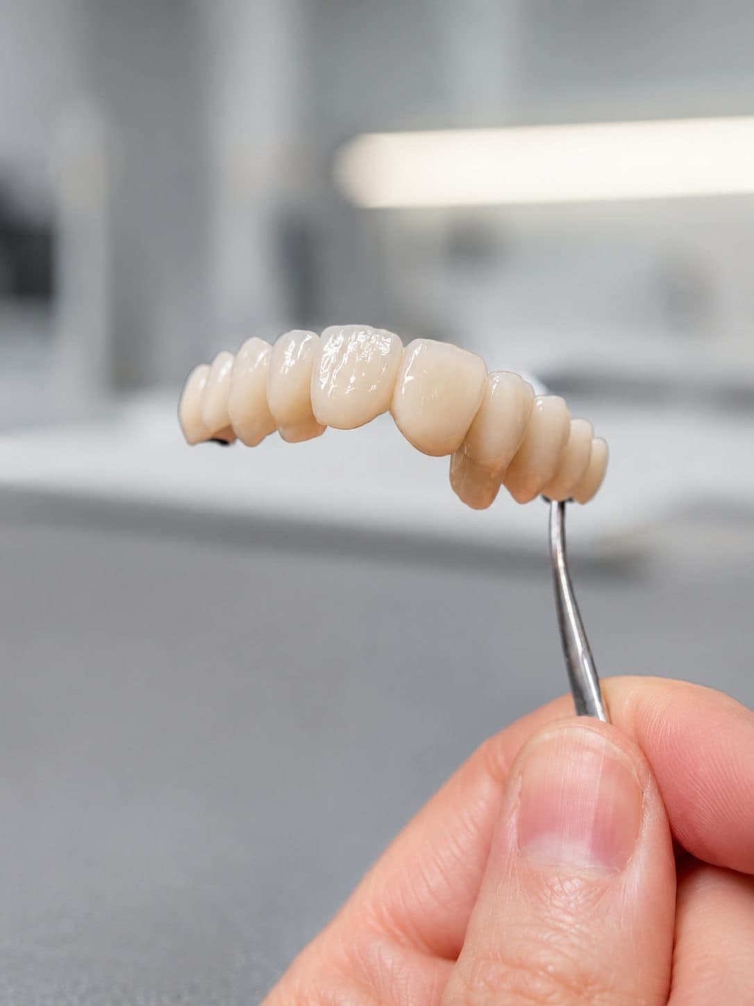 Most protetyczny trzymany na pinie w pracowni techniki dentystycznej